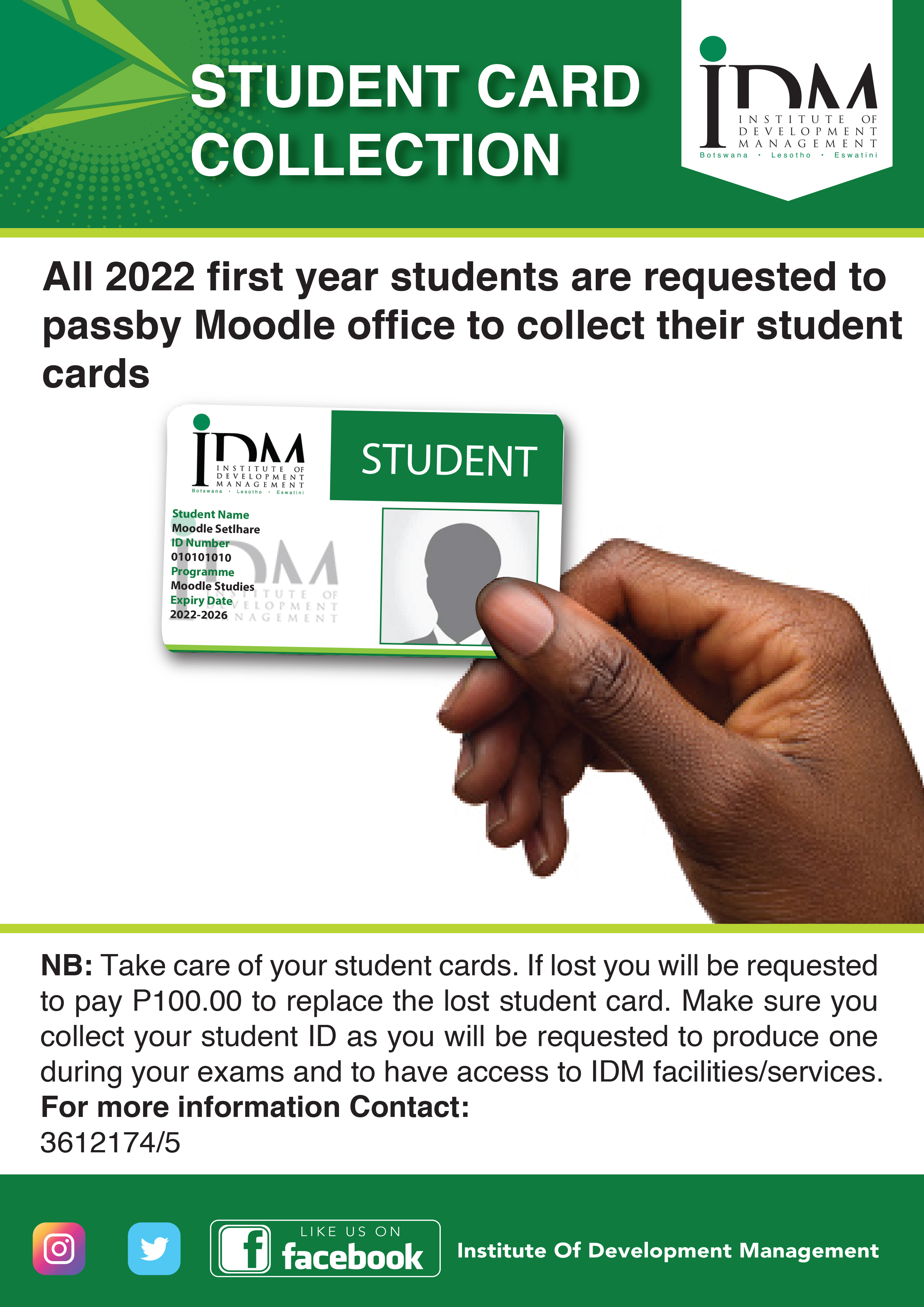 All 2022 first year students are requested to passby Moodle office to collect their student cards