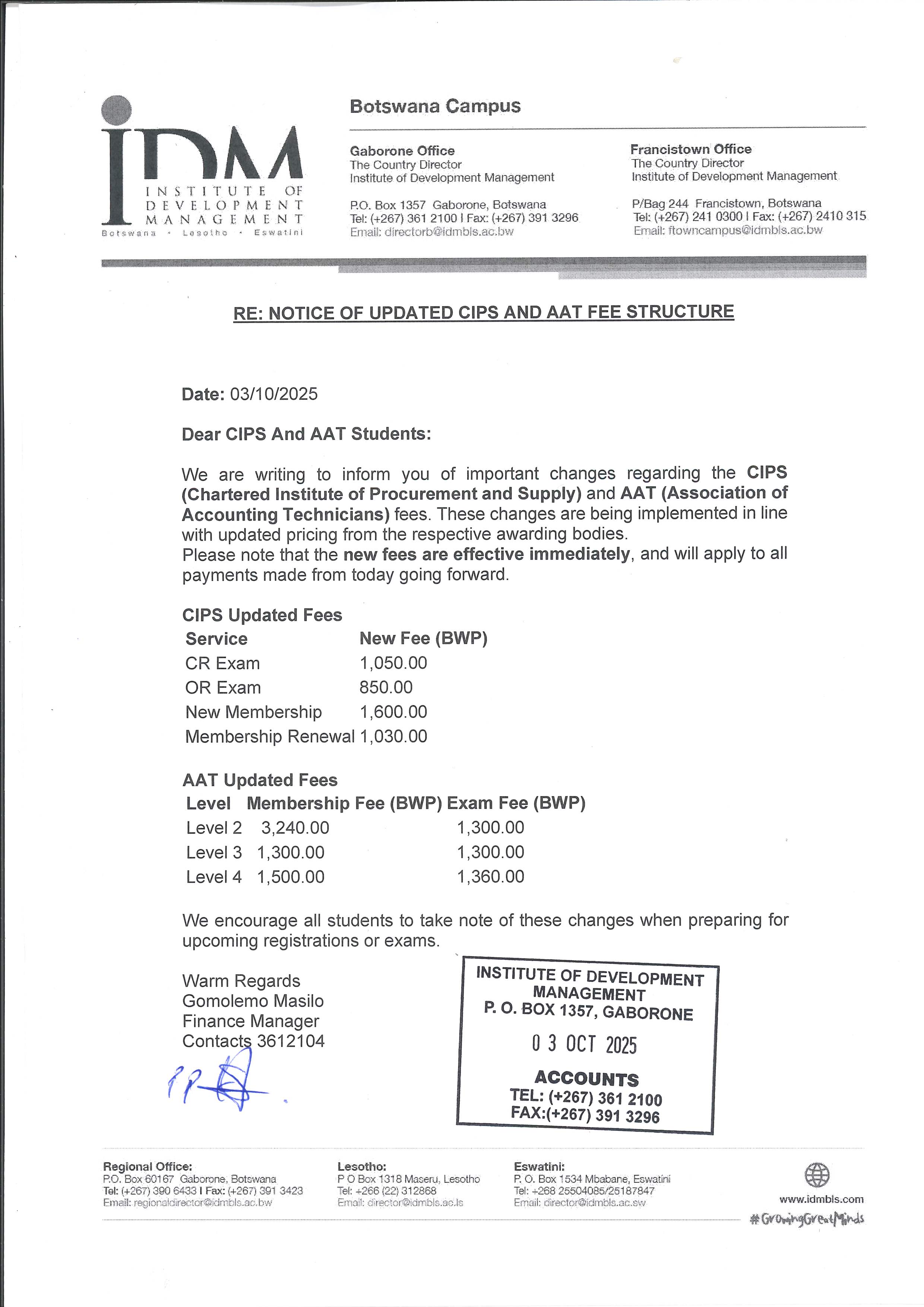 UPDATED FEE STRUCTURE FOR AAT AND CIPS